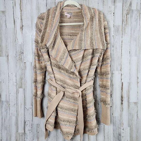 Love 21 Eyelash Belted Cardigan Sweater Tan Size Medium - Picture 1 of 10